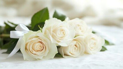 Elegant Cream Roses Bound With A White Ribbon