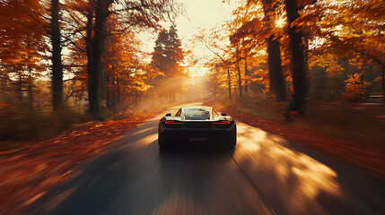 Fototapeta premium Car speeds down a colorful autumn road, sunlight filtering through the trees, creating a serene scene, the journey evokes freedom and wanderlust, perfect for a scenic fall drive