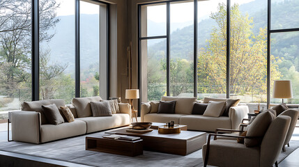 An elegant living room featuring contemporary furniture, large windows with natural light, and sophisticated decor, providing a luxurious and comfortable living space