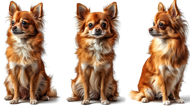 Three adorable long-haired chihuahua dogs sitting.