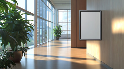 An empty framed poster on a wooden wall in a modern, well-lit office hallway with large windows