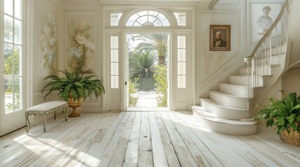 Elegant foyer with staircase, plants, and natural light creating a welcoming atmosphere.