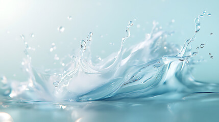 An energetic splash of water with dynamic droplets, on a light blue background, conveys a concept of freshness