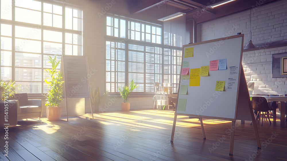Poster an office space with a flip chart and sticky notes, in a modern loft style, featuring large windows 