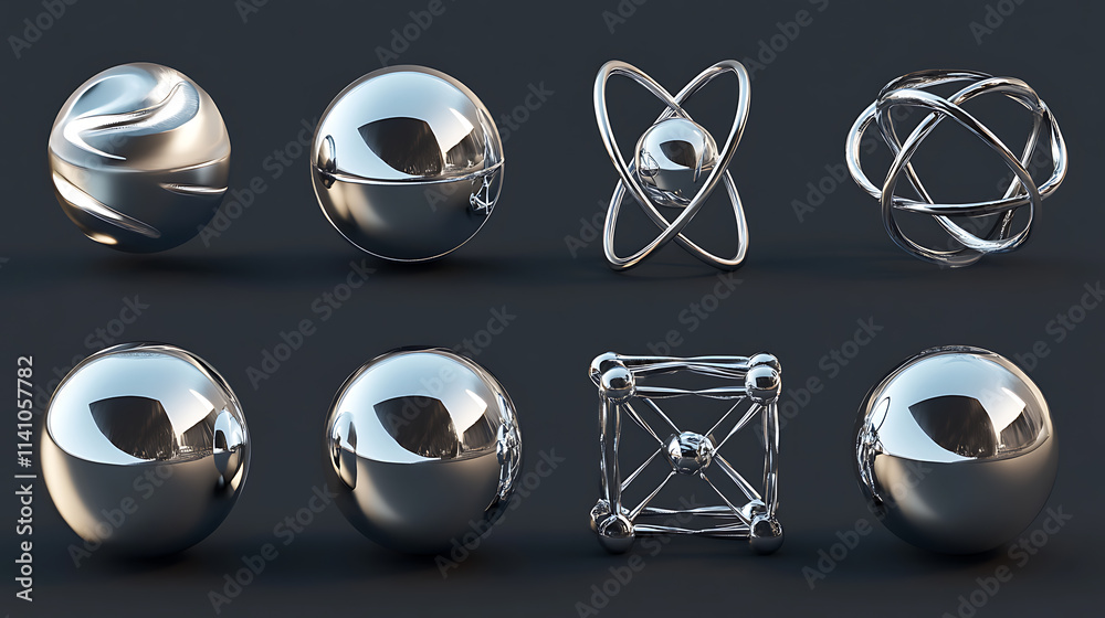 Poster chrome elements in three dimensions, abstract space icons in silver for y2k, galaxy and cosmic techn