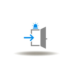 Vector illustration of open door with flasher beacon and exit arrow. Symbol of emergency preparedness plan. Icon of evacuation.