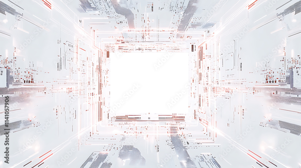 Poster Circuit board pattern with white empty space in the center white background digital art style with circuit lines and chips on a clean white backdrop