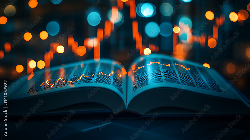 Poster An open knowledge book shows stock graphs and charts with blurred bokeh lights, on black background for overlay, crypto currency and finance investments concept and business analysis