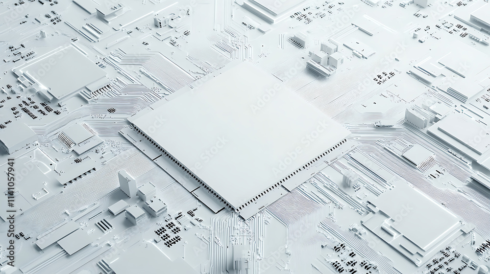 Aufkleber Circuit board pattern with white empty space in the center white background digital art style with circuit lines and chips on a clean white backdrop