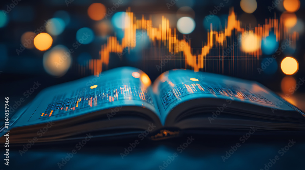 Poster An open knowledge book shows stock graphs and charts with blurred bokeh lights, on black background for overlay, crypto currency and finance investments concept and business analysis