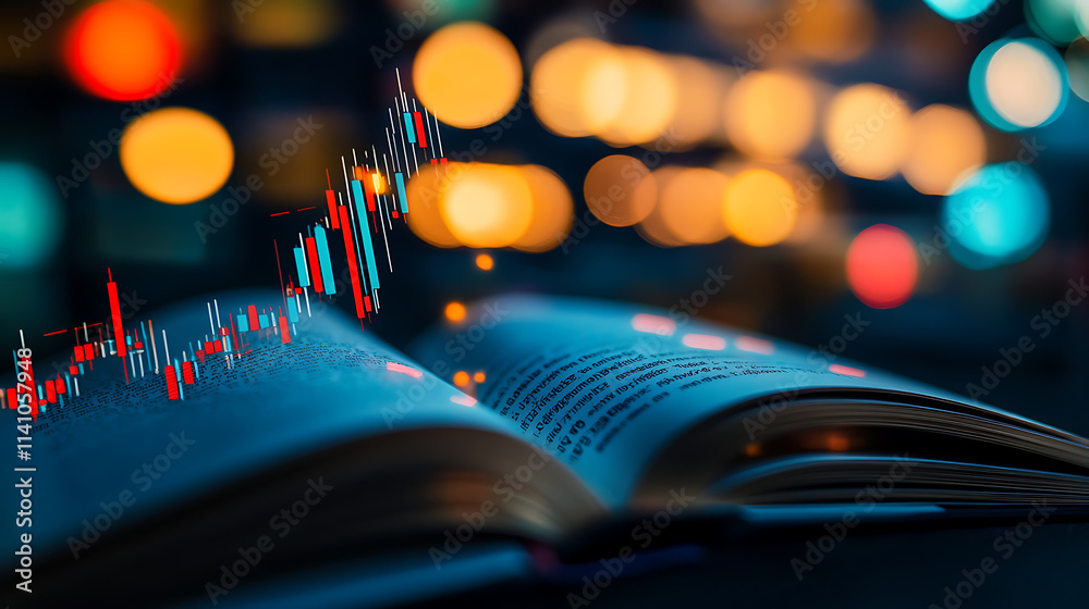 Poster An open knowledge book shows stock graphs and charts with blurred bokeh lights, on black background for overlay, crypto currency and finance investments concept and business analysis