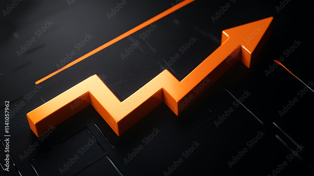 Fototapete an orange arrow pointing upwards on a black background going up in the shape of an upward graph