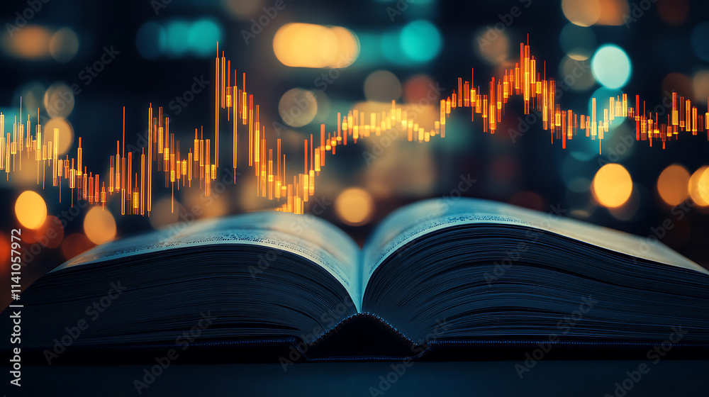 Fototapete an open knowledge book shows stock graphs and charts with blurred bokeh lights, on black background 