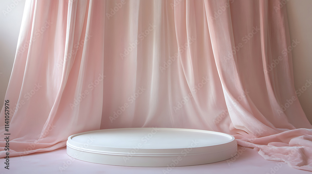 Poster circular white platform with soft pink background and flowing silk curtains for feminine product dis