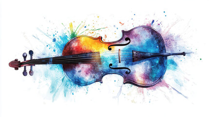 Naklejka premium A colorful artistic cello with dynamic abstract splashes of blue, purple, and teal watercolor, sharp lines highlighting the details of the cello, set against a pure white background. The colors are bo