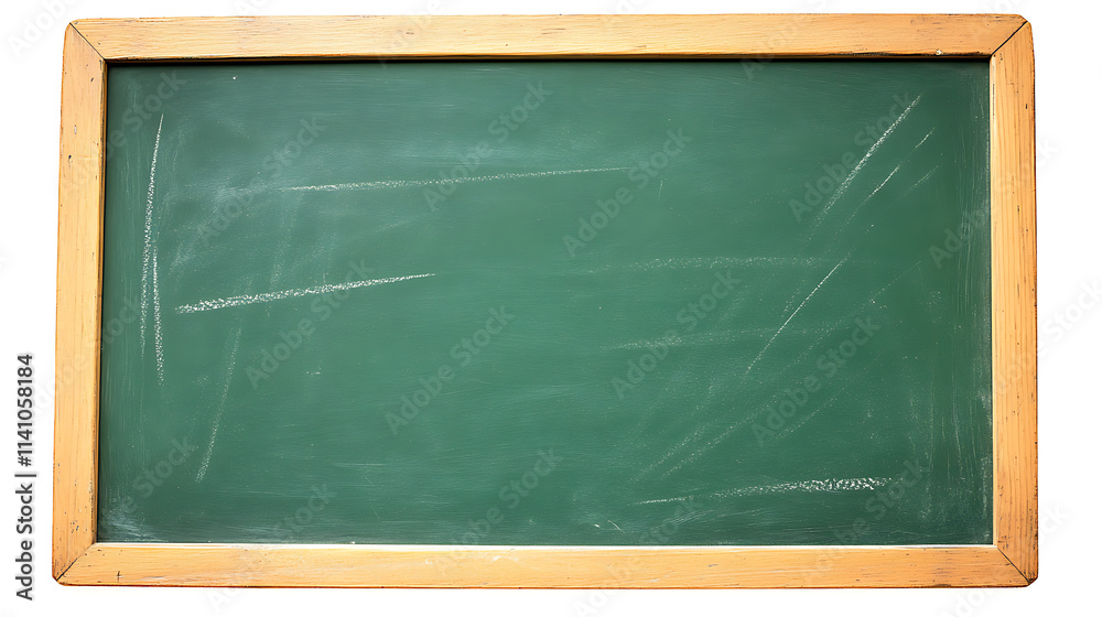 Aufkleber classroom green blackboard for chalk with wooden frame and chalk marks, isolated on white background
