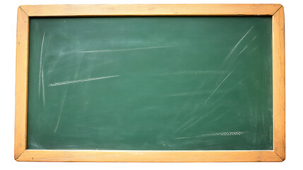 Fototapeta premium Classroom green blackboard for chalk with wooden frame and chalk marks, isolated on white background