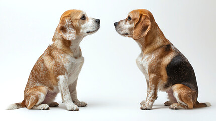 Two beagles sitting facing each other.