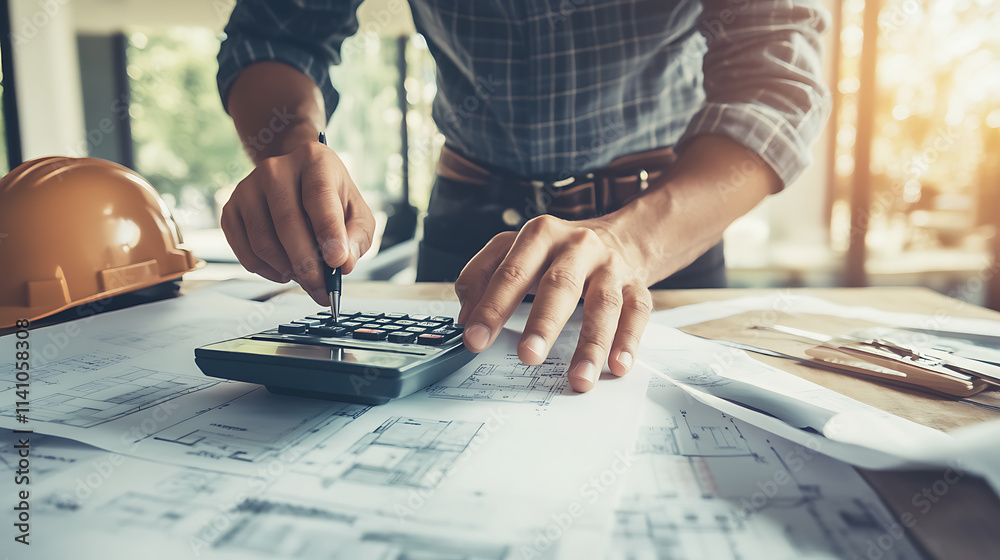 Aufkleber Architect is calculating construction costs using a calculator, with blueprints and a hardhat nearby