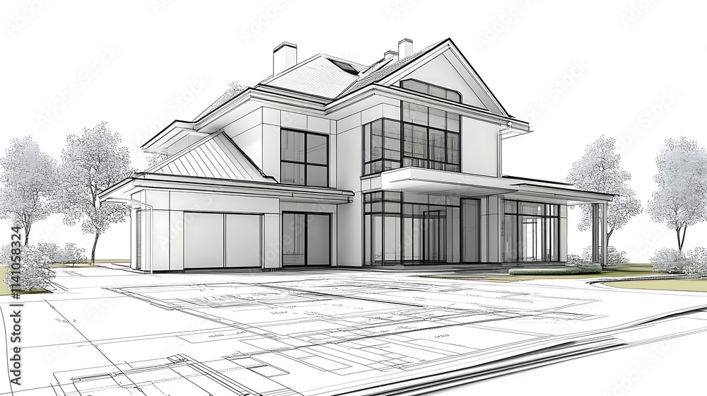 Poster architect reviewing blueprint of new house project and calculating construction costs