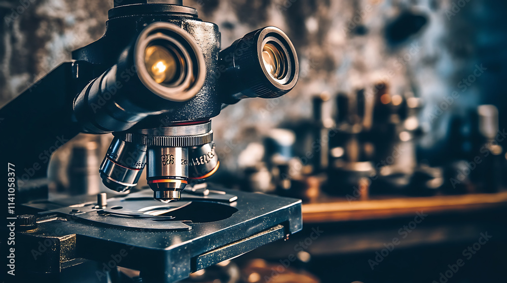 Poster close-up of a laboratory microscope