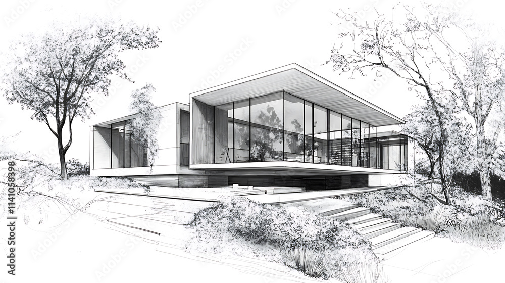 Poster Architectural project showing a modern house with big windows overlapping with technical hand drawing sketch visualizing construction details