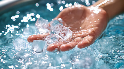 Fototapeta premium Close-up of a hand submerging into a therapeutic ice cube-filled bath with serene water ripples, illustrating cold immersion wellness