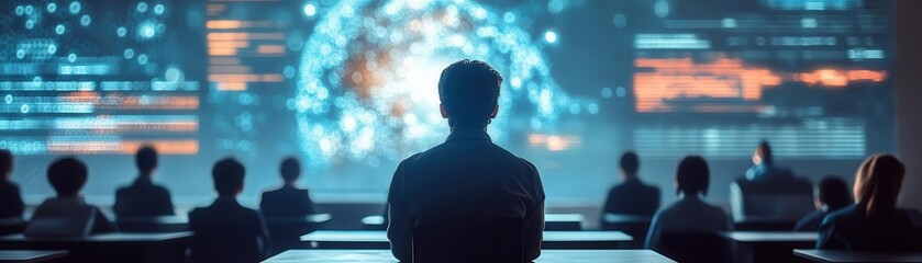 A serene modern classroom with holographic educational visuals glowing in front of attentive learners