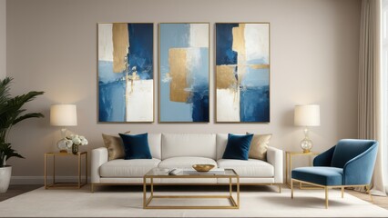Stunning modular wall art mockup featuring blue abstract painting on split canvas panels.