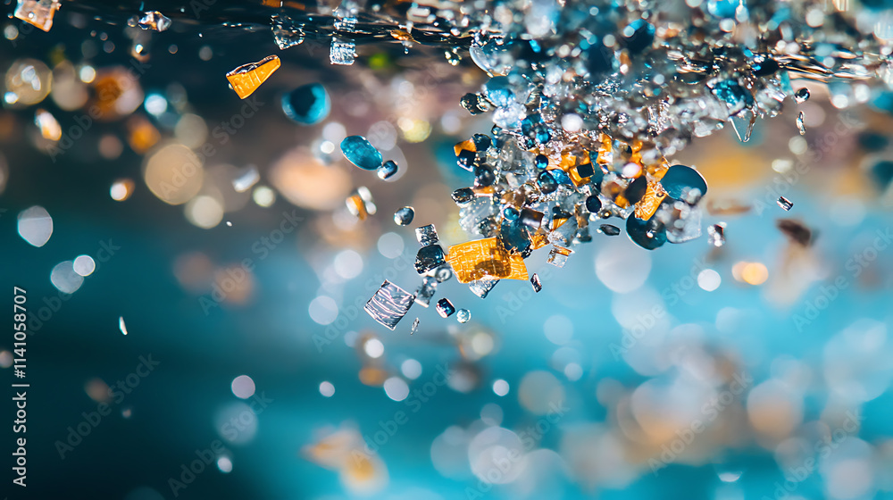 Poster close-up of microplastics floating in clear water, highlighting the environmental impact of plastic 