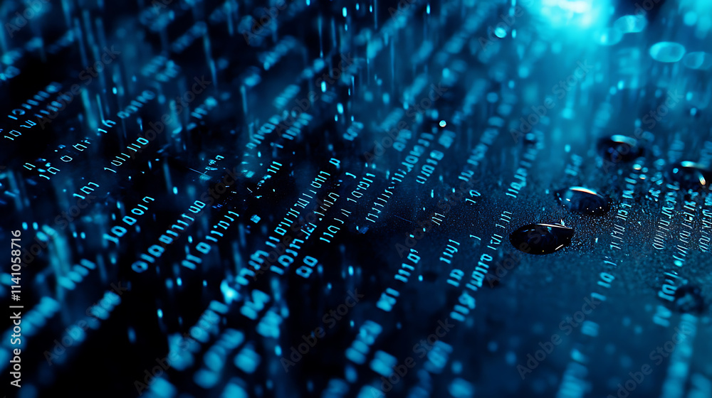 Poster Close-up of blue-tinted computer code on a screen, implying cybersecurity or programming concept, with a dark background