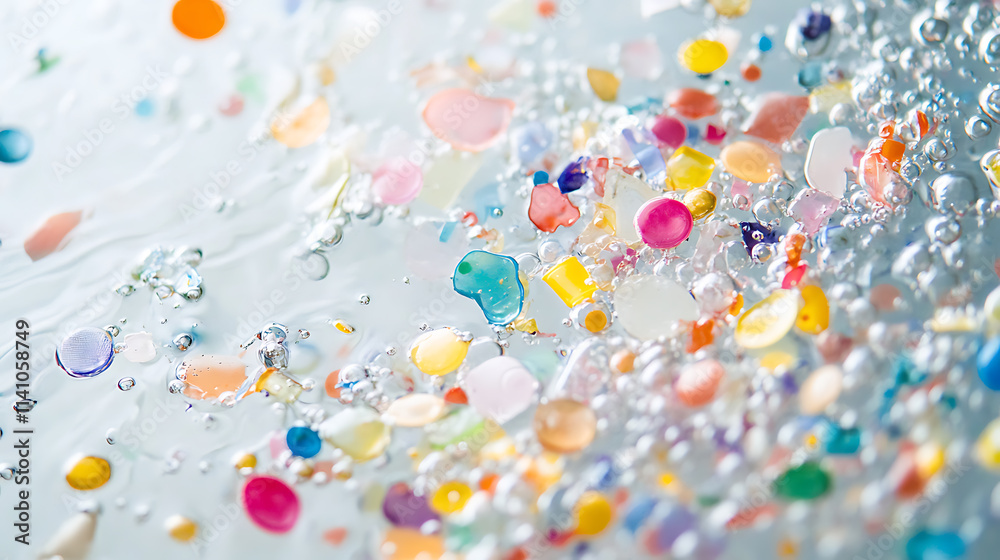 Poster close-up of microplastics floating in clear water, highlighting the environmental impact of plastic 