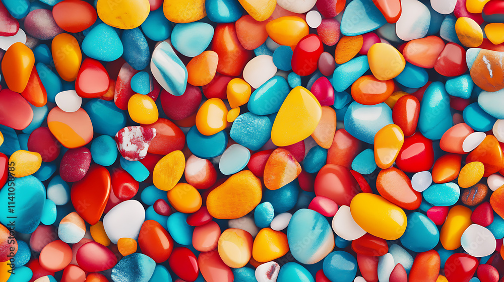 Poster Close-up of multicolored smooth pebbles creating a seamless, vibrant pattern, ideal for nature-themed designs and backgrounds