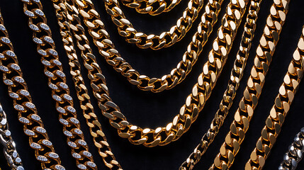 Close-up of various gold chains displayed on black velvet in a jewelry store