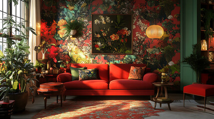 Artistic living room with red furniture, floral wallpaper, and eclectic decor