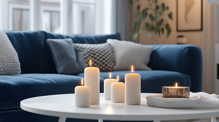 Close up of candles on white coffee table near blue sofa, scandinavian home interior design of modern living room