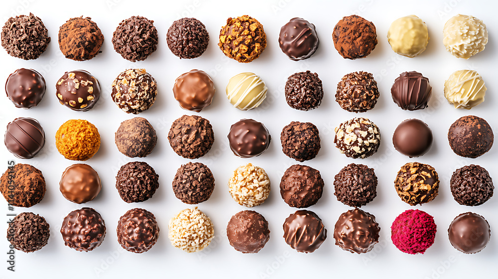 Poster assorted chocolate truffles and pralines arranged on a white background, isolated on white, highligh