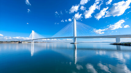 Modern cable-stayed bridge reflecting in calm blue water under a vibrant sky.
