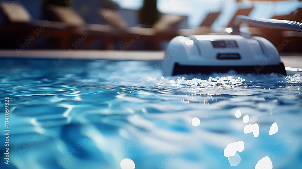 Poster automated pool cleaner is hard at work, maintaining hygiene and clarity in a private swimming pool, 