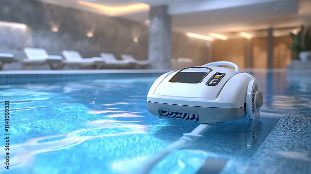 Poster automated pool cleaner is hard at work, maintaining hygiene and clarity in a private swimming pool, 