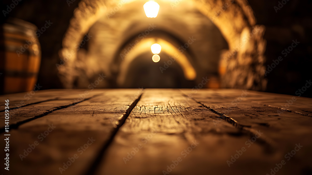 Poster close up of empty wooden table with blurred old medieval catacombs background