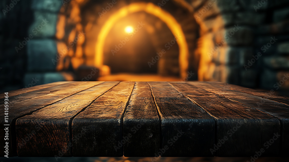 Aufkleber close up of empty wooden table with blurred old medieval catacombs background
