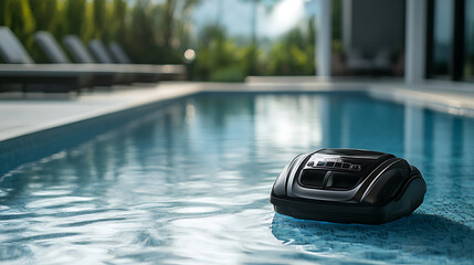 Automated pool cleaner is hard at work, maintaining hygiene and clarity in a private swimming pool, ensuring a safe and pleasant environment for swimmers