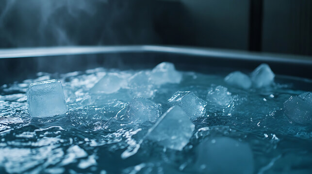 Close up of ice cubes in a cold ice bath plunge pool