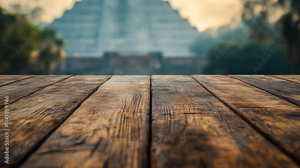 Poster A close up of a rustic empty wooden table with blurred barbershop background