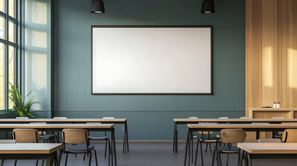 Back to school, interior of modern classroom with blank white board on wall, copy space