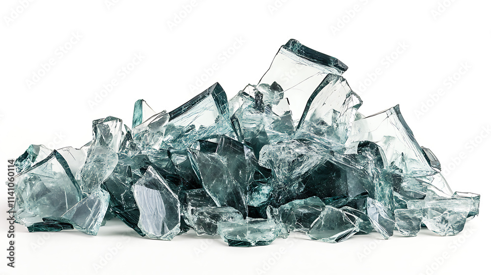 Poster close up side view on broken glass shards pieces pile heap on white background