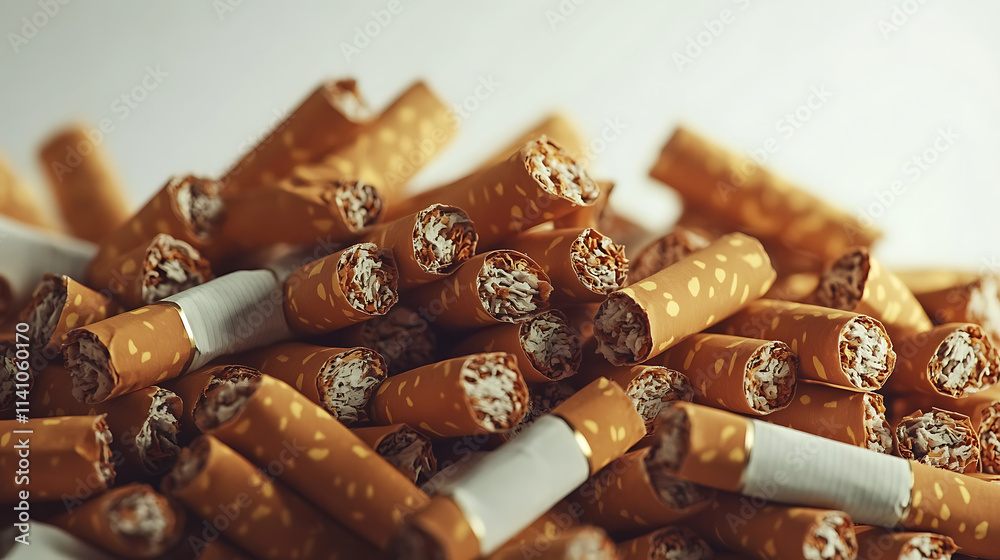 Poster close up side view on cigarettes pile heap on white background
