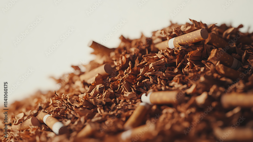 Poster close up side view on cigarettes pile heap on white background