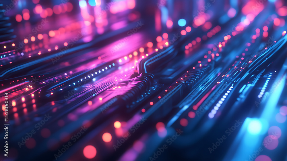 Poster Closeup of server racks with cables in a data center, showcasing the complexity of connections, vibrant lights, and high-tech infrastructure